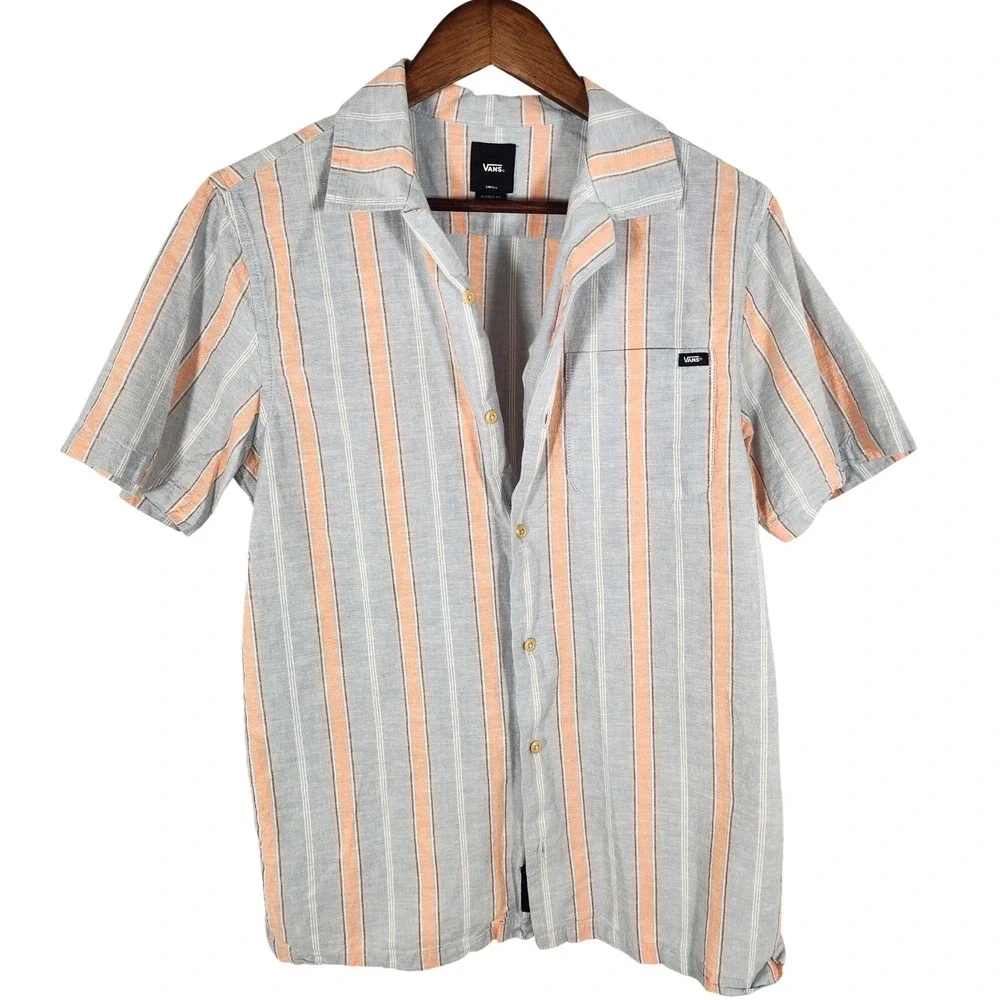 Vans Classic Fit Peach Blue Cabana Striped Short Sleeve Button Up Shirt Size S - Picture 1 of 8